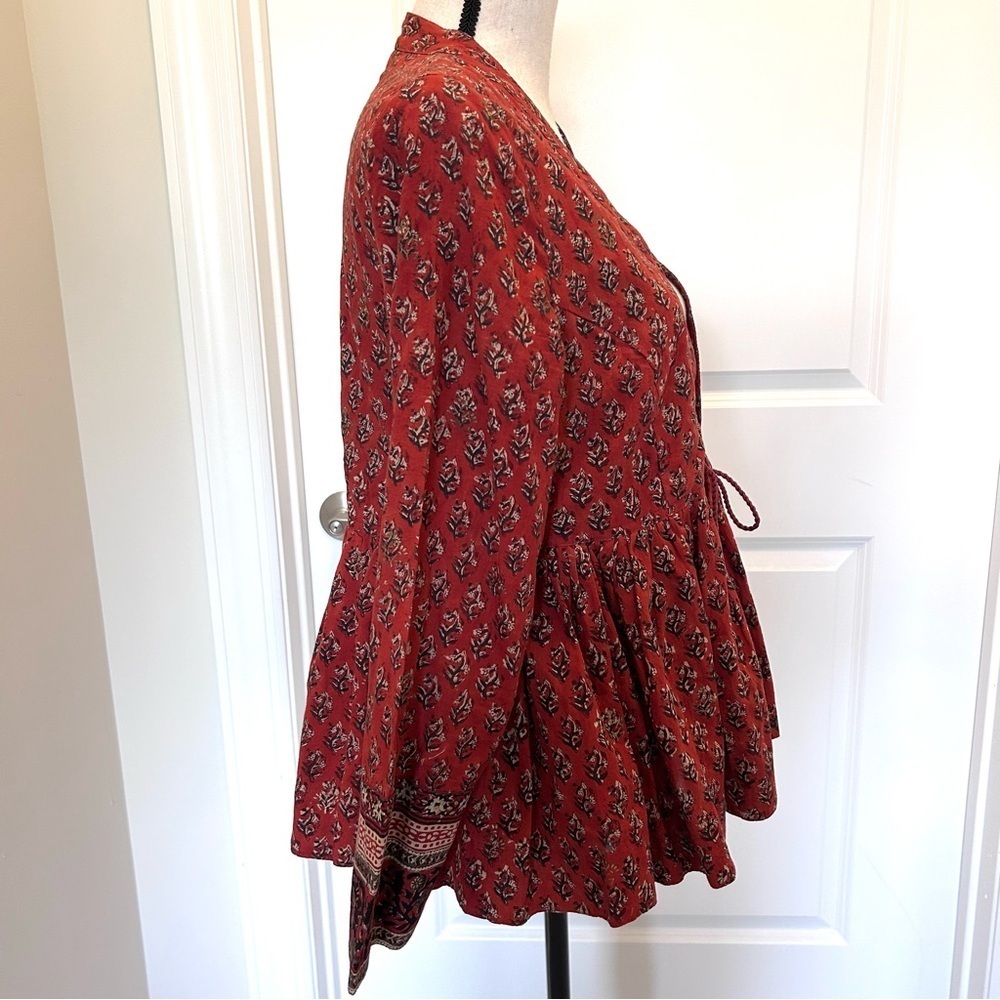 Anohki Red Peplum Tie Front Cotton Blouse with Tassels SZ M - Picture 3 of 6
